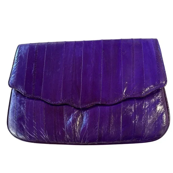 Vintage Purple Genuine Eel Skin Clutch Crossbody Bag Scalloped Flap - Picture 1 of 10